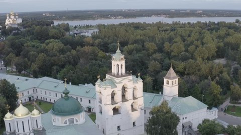 D-Log. Yaroslavl, Russia. Belfry of the Yaroslavl Spaso-Preobrazhensky Monastery (Spaso-Yaroslavl Monastery) - an ancient men's monastery in Yaroslavl. Sunset time, Aerial View