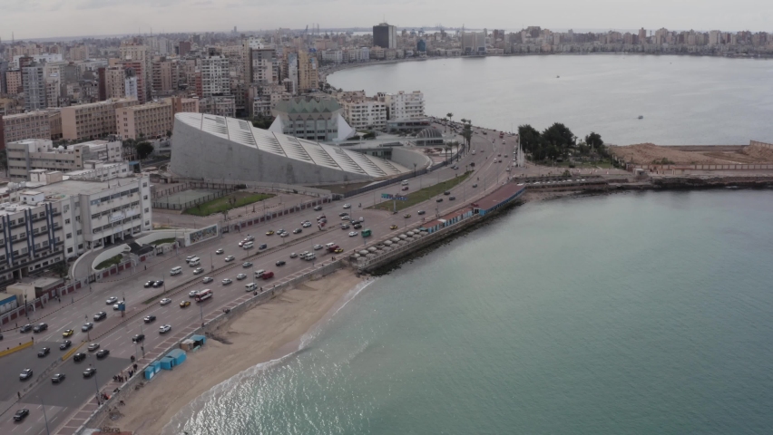 Aerial Drone shot over Egypt Alexandria city streets downtown 