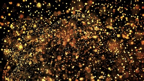 gold glowing particles flow in viscous liquid and bright glisten. Science fiction. 4k 3d sci-fi background with glittering particles, depth of field and bokeh. Luma matte as alpha channel.