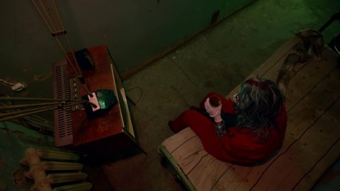 clown apartment, crazy person with green hair is watching tv, top view