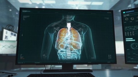 Modern Computer User Interface. Using the Research Software in the Modern Clinic. A Clinical Analysis of the Human Body. The Lungs of the Patient are Studied. Medical clinical Laboratory Research.