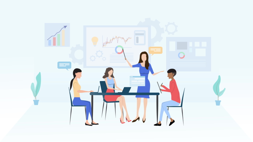 2D Motion graphics,Group of office workers sitting at desks and communicating or talking to each other. Dialogue or conversations between colleagues.Flat cartoon colorful vector illustration. | Shutterstock HD Video #1071582598