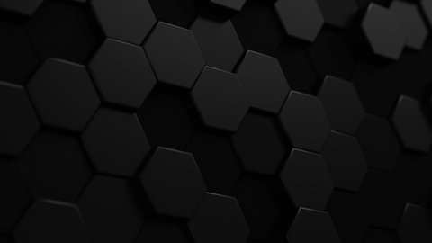 Abstract Hexagon Geometric Surface Loop 5 Black: dark minimal hexagonal grid pattern animation in deep midnight black. Clean background with glossy black hexagon shapes. Space grey. Dramatic feel. 