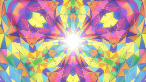 Colorful Infinite Kaleidoscope Loop 1 Multicolor: beautiful kaleidoscopic pattern of polygons and star rays. Projection mapping. Concert visuals. Explosion of color. Tunnel flow. Seamless loop. 
