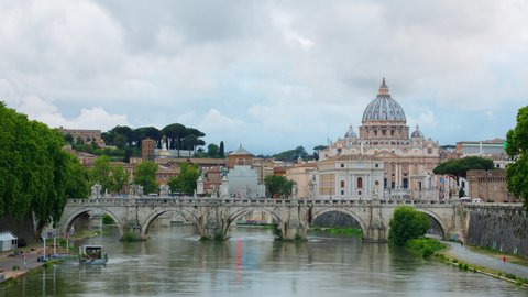 Time Lapse looking down River Tiber in Rome Italy at St Peter’s Basilica in Vatican City