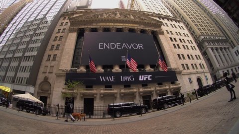 New York NY USA-April 29, 2021 The New York Stock Exchange is decorated  for the initial public offering of the entertainment firm Endeavor Group Holdings