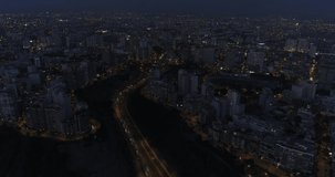 Aerial video made with drone over Lima city coast cliff at night. Highway at night know as 