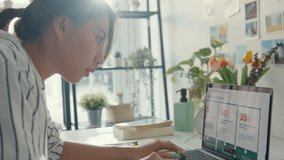Young asia lady freelance focus on presentation work in laptop for account and finance project for remote meeting with company at house. Girl student learn online at home. Work from home concept. - Powered by Shutterstock - Get 15% off with code: PIKWIZARD15