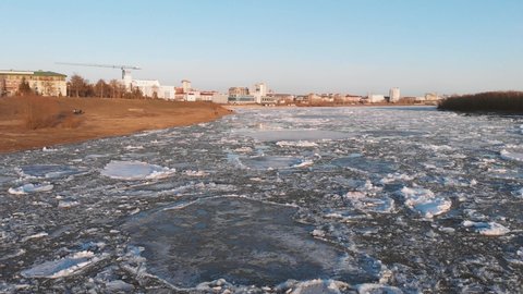 Ice drift on the Irtysh river in Omsk city, Russia