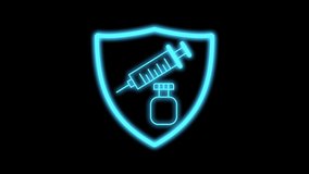 Covid protection icon in blue neon light with glowing effect on black screen. Injection and syringe in shield icon. Loop animation of medical and health care.