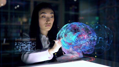 Asian woman Scientist work on 3D Simulated holographic Neural Brain Interface. Engineer using Augmented Holographic Technology. Artificial Intelligence Concept