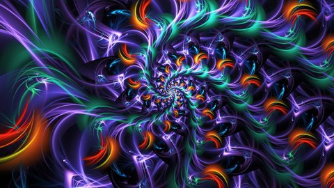 Bright futuristic spiral tunnel moving on black background. Colorful fractal volute particles radiating from centre and making vivid helix, whirl, whirlpool. 4K UHD 4096x2304 ultra high definition