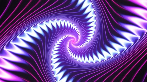 Vivid neon background with spreading fractal heliciform shapes. Spiral tunnel with striped pink, blue, purple walls rotating on black. 4K UHD 4096x2304 ultra high definition