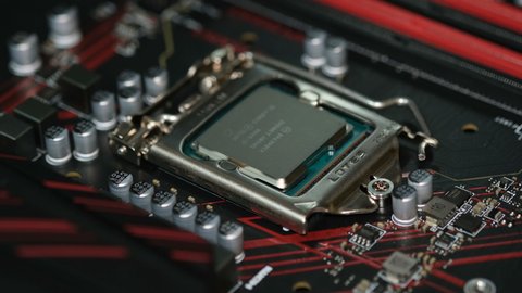 Rome,italy - april 29 2021: Desktop pc intel core cpu installed on hi tech motherboard,computer components chip