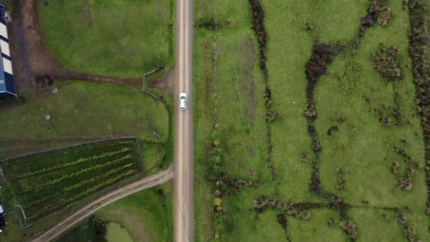Top down drone aerial view of white car driving down straight gravel dirt road past shack houses surrounded by green grassy plains and ponds.