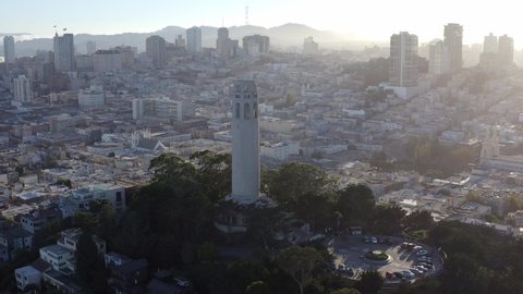 Aerial, San Francisco Coit Tower and cityscape, panning right drone 07.