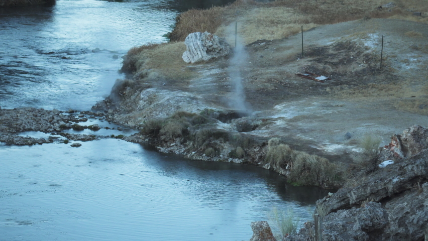 Steamy Boiling Hot Spring and Shoreline, Hot Creek Geological Site, California, High Angle