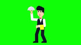 A young waiter delivering delicious dishes on a plate. Catering service. Flat design cartoon animation video clip.