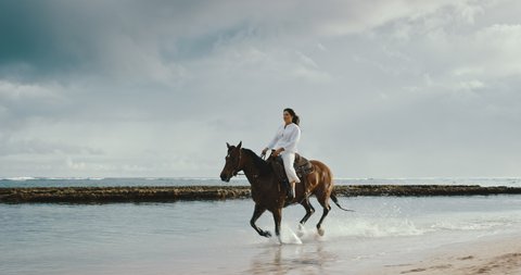 Beautiful young woman horseback riding on the beach, strong and powerful horse splashing in the water, cinematic slow motion