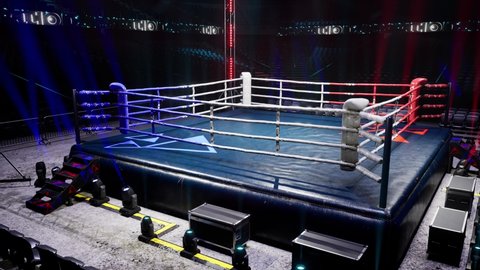 Empty boxing arena waiting new round . fly camera 4k hi quality video render 