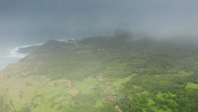 Flores Island, Azores, Portugal. Drone footage of the idyllic island off the coast Portugal. Gorgeous scenery of greenish landscape washed with the Atlantic Ocean. High quality 4k footage