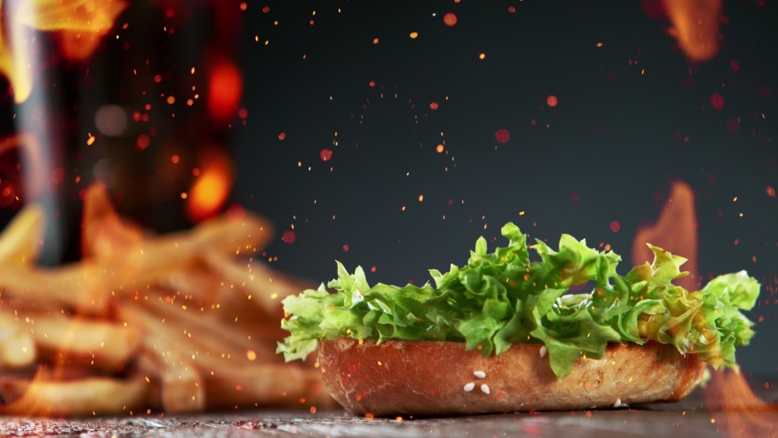 Beef Burger Ingredients Falling and Landing in the Bun | Shutterstock HD Video #1071625735