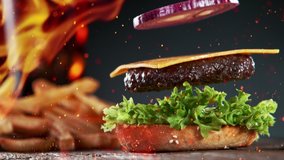 Beef Burger Ingredients Falling and Landing in the Bun - Powered by Shutterstock - Get 15% off with code: PIKWIZARD15