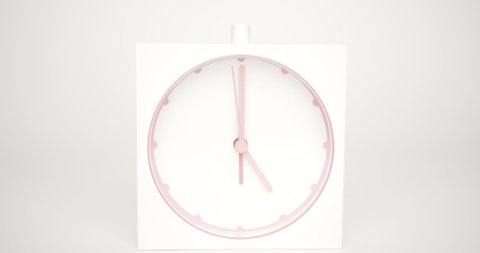 Pink White clock isolated on white background, Time starts walking at 5 o'clock, Time lapse 1.30 hour 4k braw.