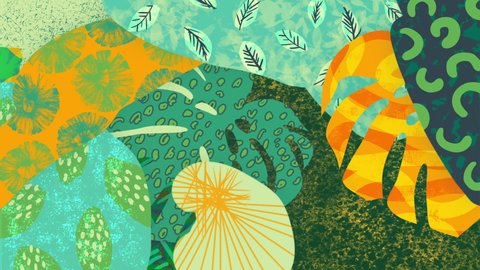 Abstract tropical plants loop. 90s style background. Hand drawn colorful leaves, shapes, scribbles. Monstera, banana palms. Animated painting, digital brush strokes. Fun trendy retro 90's animation.