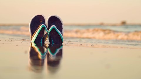 Two flip flops on the beach washed by the sea