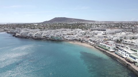 Playa Blanca, Spain; April 28th 2021: Playa Blanca touristic town in Lanzarote, Canary Islands. Aerial view.