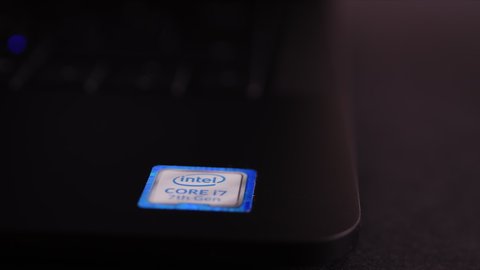 Paris, France - Circa 2020: Close-up slow focus to Intel Core i7 CPU signage on a powerful laptop computer
