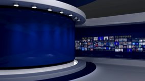 TV studio. Blue background. Loop animation. News studio. Background for any green screen or chroma key video production. 3d render. 3d