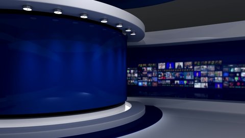 TV studio. Blue background. Loop animation. News studio. Background for any green screen or chroma key video production. 3d render. 3d