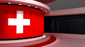 TV studio. Switzerland. Swiss flag. News studio.  Loop animation. Background for any green screen or chroma key video production. 3d render. 3d 