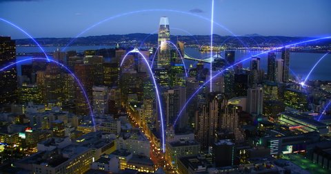 Smart City Aerial Footage Hologram Information Blue Arches Forming Network Communication Futuristic Technology. San Francisco. Shot in 8K.