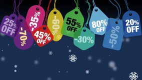 Colorful price tags or labels with Falling snowflakes on the black background. Digital animation.
