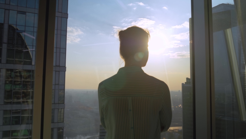 Success, opportunity, sightseeing, discover, corporate, future concept. Back view of pensive woman silhouette looking at cityscape through window of skyscraper. Summer time, sun lens flare, daylight
