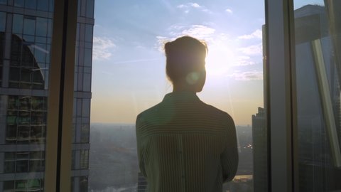 Success, opportunity, sightseeing, discover, corporate, future concept. Back view of pensive woman silhouette looking at cityscape through window of skyscraper. Summer time, sun lens flare, daylight