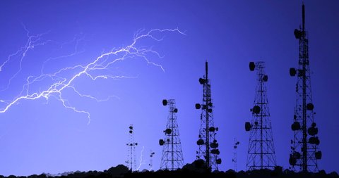 Telecom Towers Transmitter Antennas Trellis 5G Stormy Night Lighting Bolt Time L