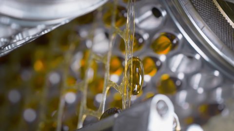Fish oil gelatin capsules in the production of vitamins, medicines and tablets. Supplements are made on machine tool or medical conveyor equipment. Pharmacological drug plant. Slow motion, big pharma