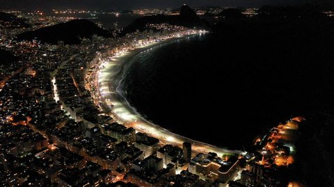Rio de Janeiro, Brazil. Landmark of city aerial view. Public tourism point. Panorama aerial landscape of cityscape, Rio de Janeiro. Copacabana beach at night. Copacabana sea shore, Rio de Janeiro. 