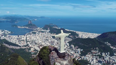 Rio de Janeiro, Brazil. Landmark of city aerial view. Public tourism point. Panorama aerial landscape of cityscape landmark. Christ Redeemer panoramic view, Rio de Janeiro. Christ the redeemer, Rio.