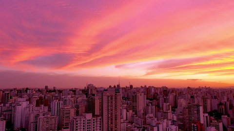 Sao Paulo, Brazil. Colorful skyline, Sao Paulo. Landmark of city aerial view. Public postal card of city. Panorama aerial landscape of cityscape landmark. Colorful sunset. Skyline sunset. Prores 422 H
