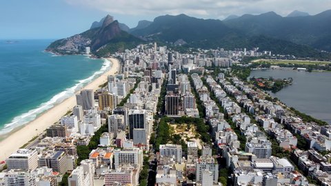 Rio de Janeiro, Brazil. Landmark of city aerial view. Public tourism point. Panorama aerial landscape of cityscape landmark. Ipanema beach. Ipanema sea shore, Rio de Janeiro.  Ipanema mountains. 