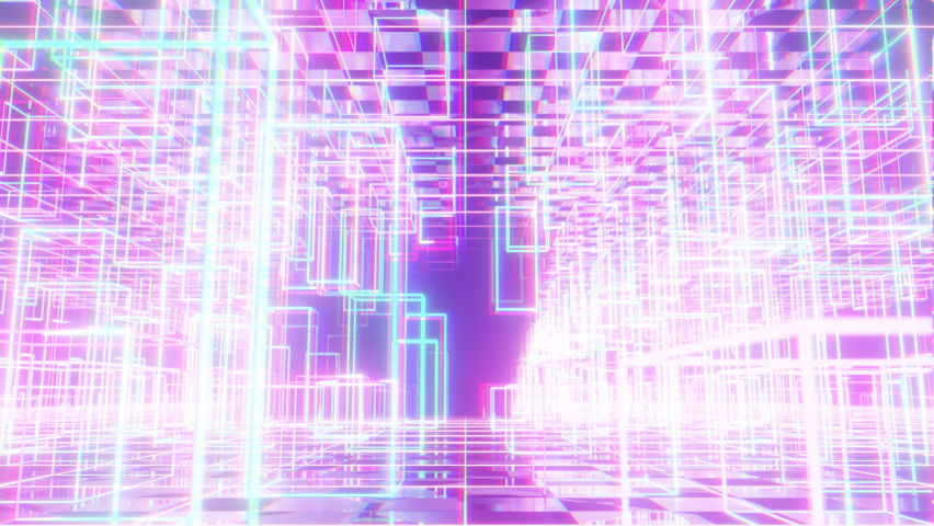 Abstract Cyber Cubic Style Glow Neon is motion footage for retro art films and cinematic in cyberpunk 80s scene. Also good background for scene and titles, logos. Royalty-Free Stock Footage #1071663535