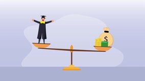 Education cost concept. Animated cartoon design of balanced weight between college student and money on the scales. Cartoon in 4k resolution - Powered by Shutterstock - Get 15% off with code: PIKWIZARD15