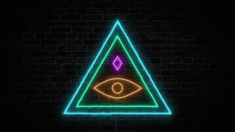 All seeing eye pyramid symbol neon sign.Concept of Masonic, spirituality, illuminati, religion, triangle, third eye,new world order,providence,occultism and knowledge.On black 4k background.