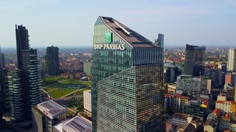 Milan, Italy,  may 2020: Aerial view of the promenade of Porta Nuova Varezine. Office buildings. Drone shooting. Modern houses made of glass and concrete. BNP Paribas Leasing Solutions building