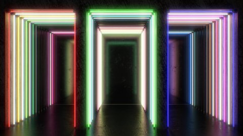 Flashing Rainbow Neon Lights Laser Flicker Corridor Tunnels Shine - 4K Seamless VJ Loop Motion Background Animation